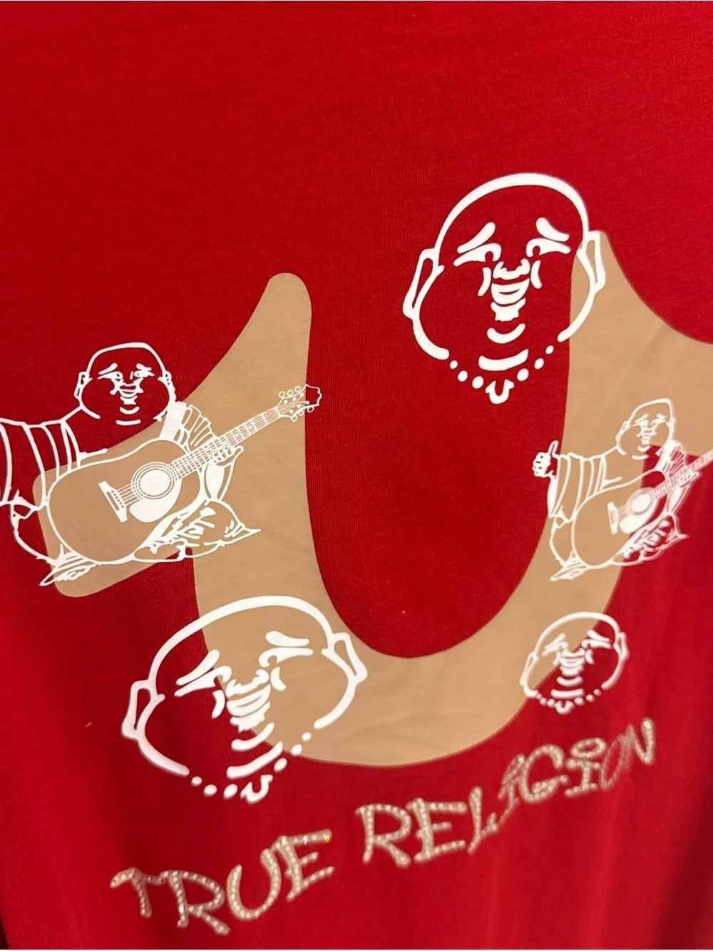 NWT True Religion Red floating Buddha Tee Horseshoe Graphic rhinestone Men’s L